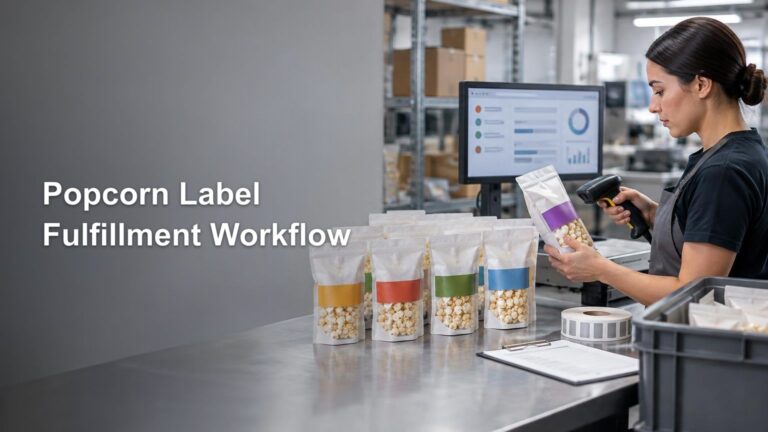 Worker scans a popcorn pouch beside several color-labeled popcorn bags, a roll of barcode labels, and a workflow dashboard in a packaging facility.