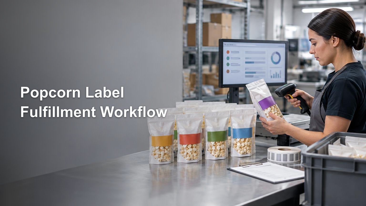 Worker scans a popcorn pouch beside several color-labeled popcorn bags, a roll of barcode labels, and a workflow dashboard in a packaging facility.