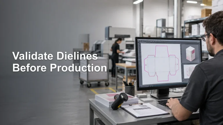 Print-shop worker reviews a packaging dieline on a desktop monitor beside a barcode scanner and stacked printed sheets, with the headline “Validate Dielines Before Production” on the left.