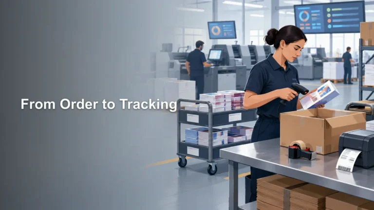 Illustrated print-shop packing station with a worker scanning a printed job beside a cardboard box, label printer, carts of stacked materials, production equipment, and workflow screens; headline text appears in open space on the left.