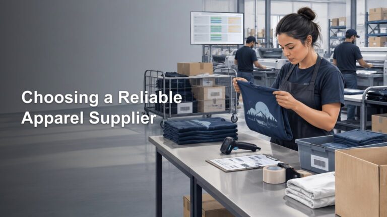 Worker inspecting a navy printed T-shirt at a packing table in a modern apparel production facility, with folded shirts, barcode-labeled bins, carts, boxes, and coworkers operating equipment behind her. Headline on the left reads “Choosing a Reliable Apparel Supplier.”