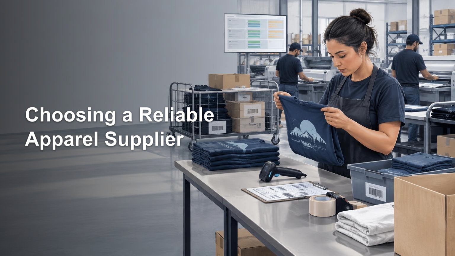 Worker inspecting a navy printed T-shirt at a packing table in a modern apparel production facility, with folded shirts, barcode-labeled bins, carts, boxes, and coworkers operating equipment behind her. Headline on the left reads “Choosing a Reliable Apparel Supplier.”