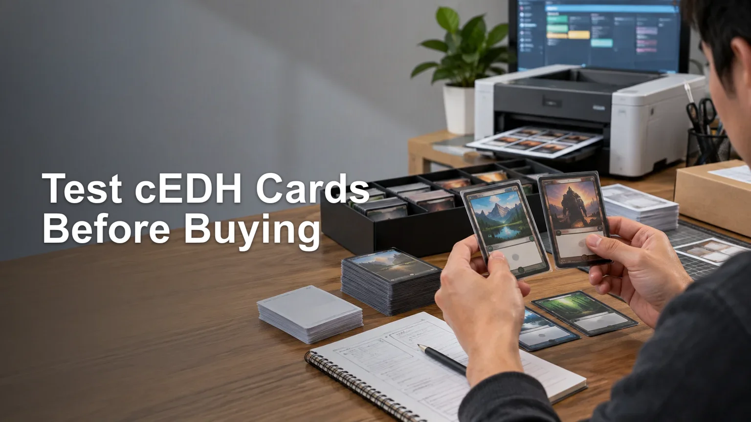 Person holding two fantasy trading cards at a desk beside stacks of cards, a printer, and a computer monitor, with the headline “Test cEDH Cards Before Buying” on the left.