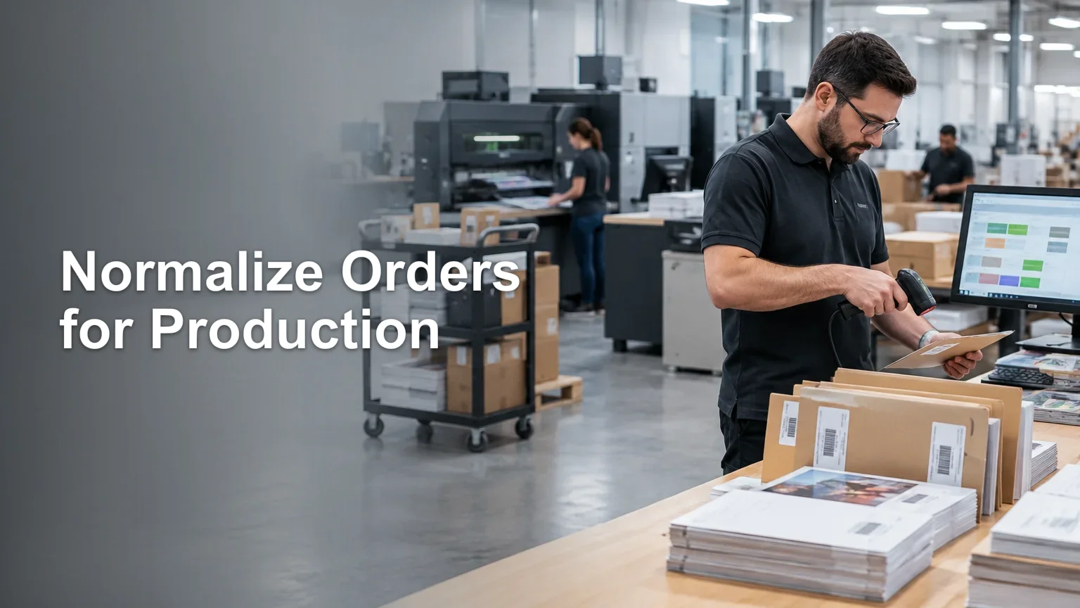 Print-shop worker scans a labeled production order beside stacked printed materials, cartons, a workflow monitor, and industrial printing equipment; headline text appears on the left.