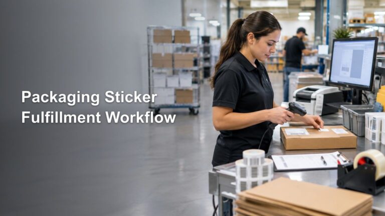 Warehouse pack station with a worker scanning a shipping label on a cardboard parcel beside a computer monitor, label rolls, packing supplies, and stacked boxes; headline text appears in open space on the left.