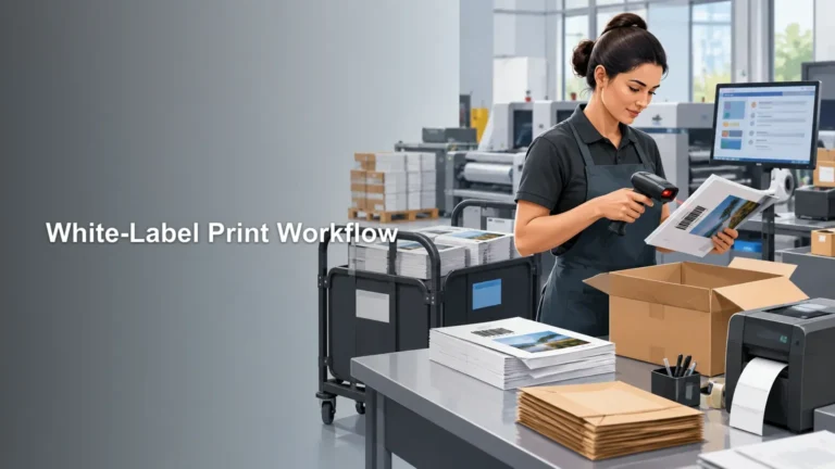 Print-shop worker scans a printed sheet with a handheld barcode reader beside stacked jobs, a labeled cart, a packing box, and a workflow monitor.