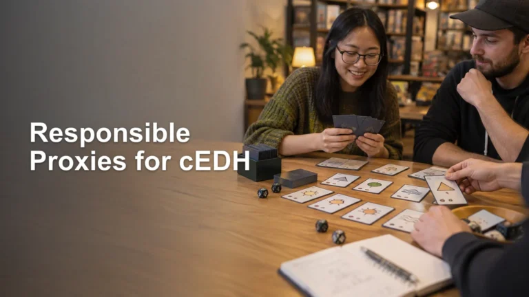 Three people play a tabletop card game at a wooden table with illustrated cards, dice, card decks, and a notebook; the headline “Responsible Proxies for cEDH” appears over a blurred area on the left.
