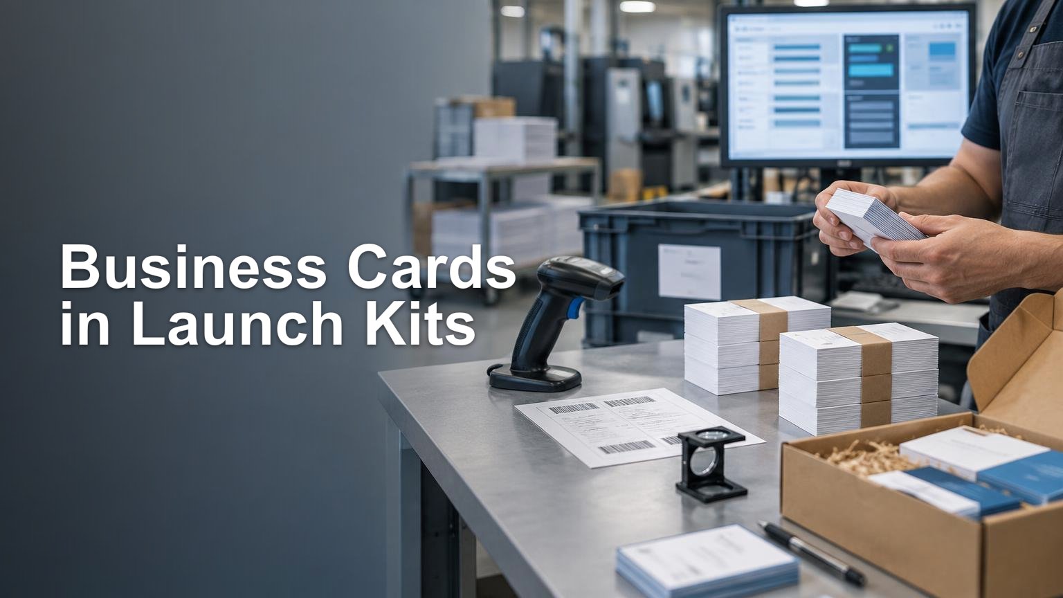 Print-shop worker sorts stacks of business cards beside a barcode scanner, bundled card packs, packing box, and workflow monitor.