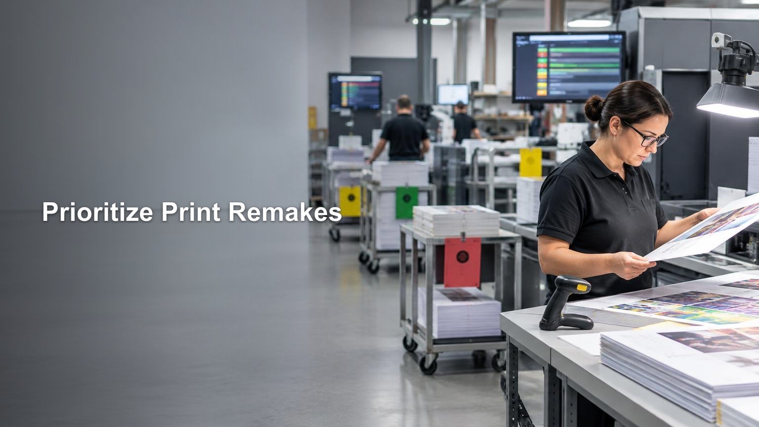 Print-shop worker inspecting a colorful printed sheet beside stacked paper, a barcode scanner, rolling carts, and workflow monitors; headline text appears on a gray wall area.